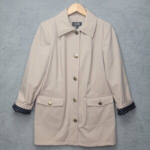 DENNIS BY DENNIS BASSO Khaki Waterproof Safari Trench Coat Jacket PolkaDot‎ Sz M